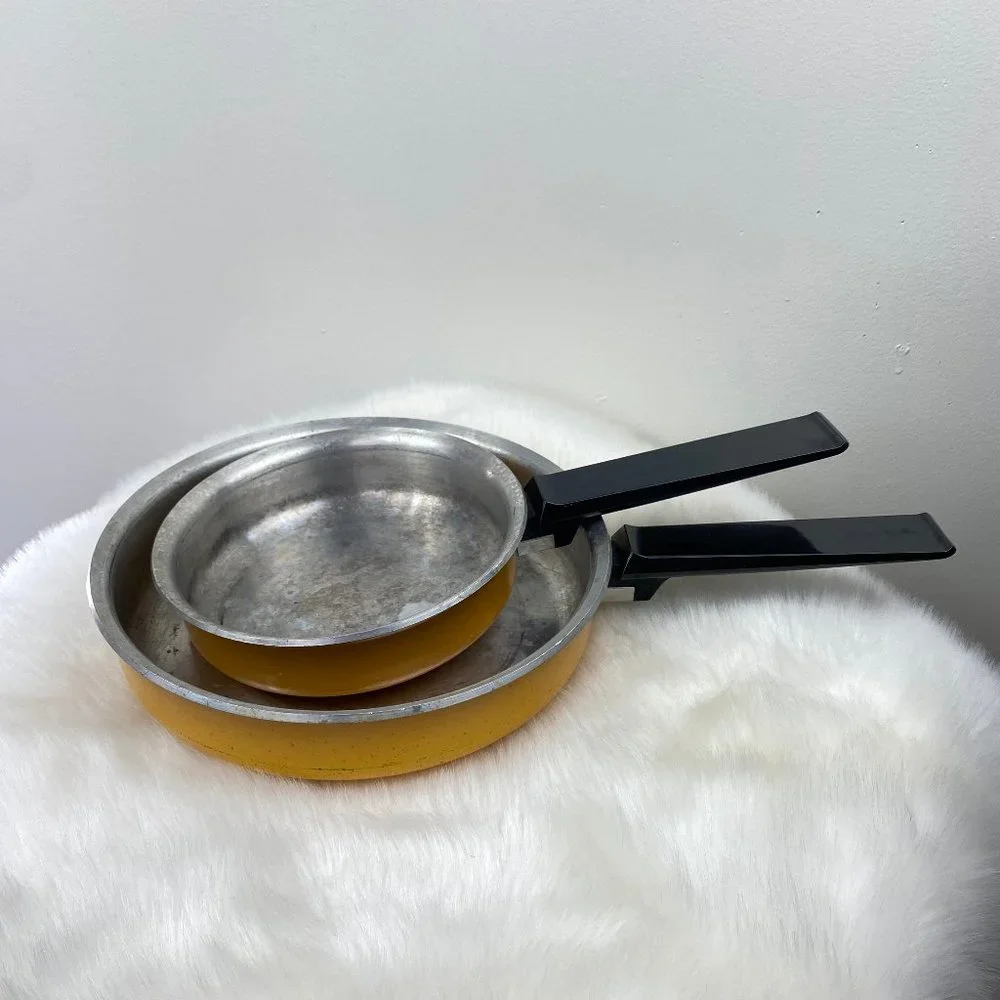 Pair of 70s West Bend Yellow Enamel Frying Pans